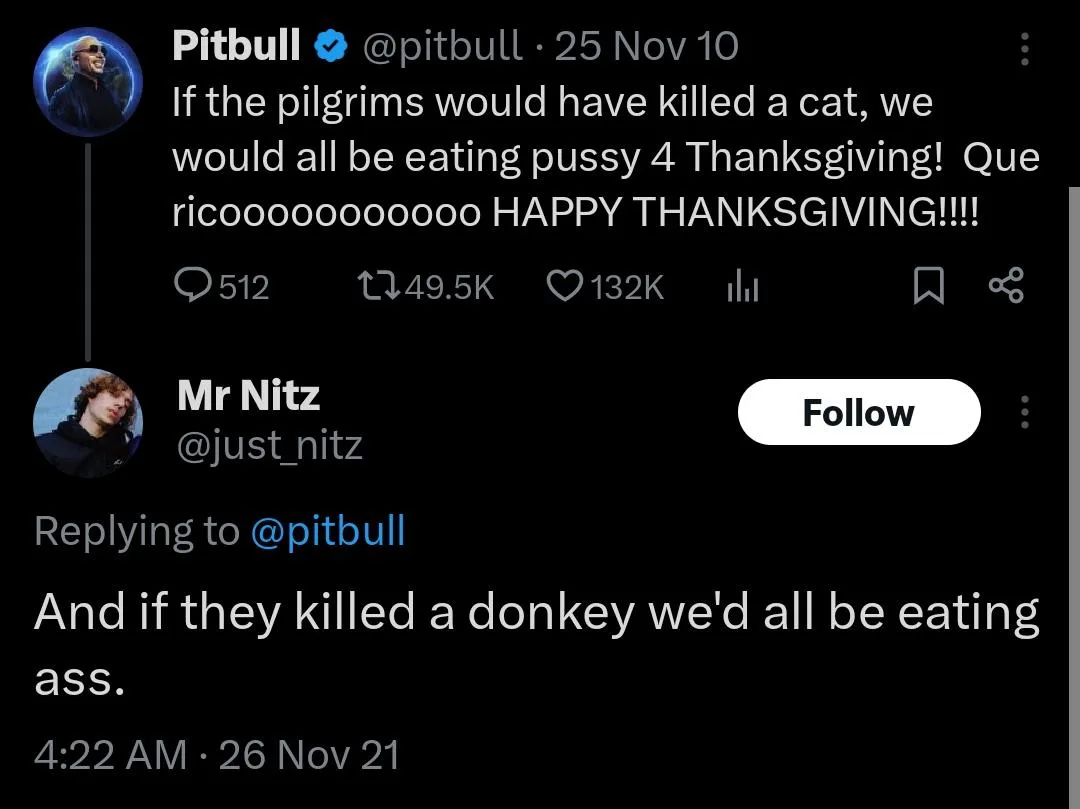 A screenshot of a Twitter thread shows Pitbull's 2010 tweet joking that if pilgrims had killed a cat, people would eat pussy…