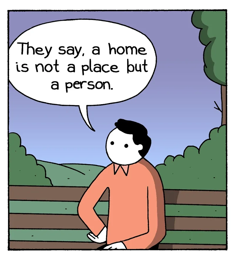 A cartoon man with a blank face and black hair sits on a park bench, wearing an orange shirt. He has a speech bubble above…