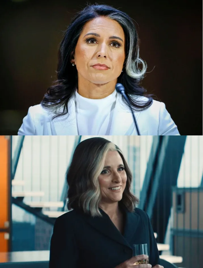 The image is split into two panels. The top panel shows a woman with dark hair and silver streaks, wearing a white blazer…