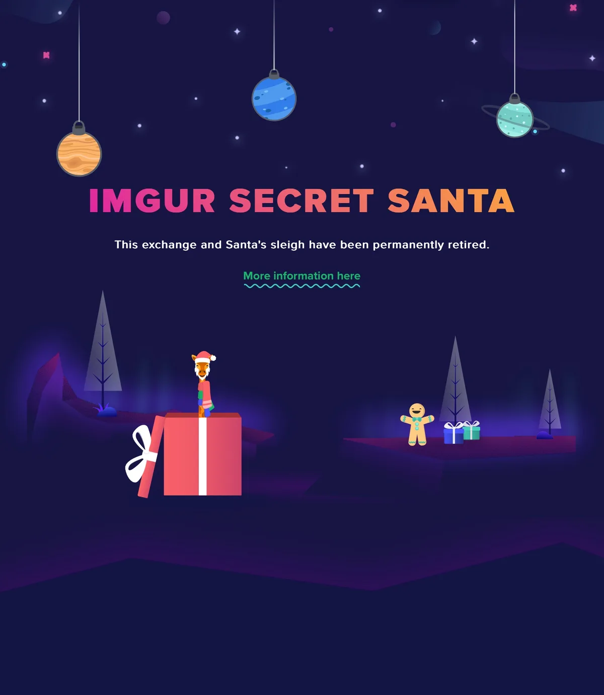 A festive, cartoon-style image shows a llama in a Santa hat standing atop a large red gift box, while a gingerbread man…