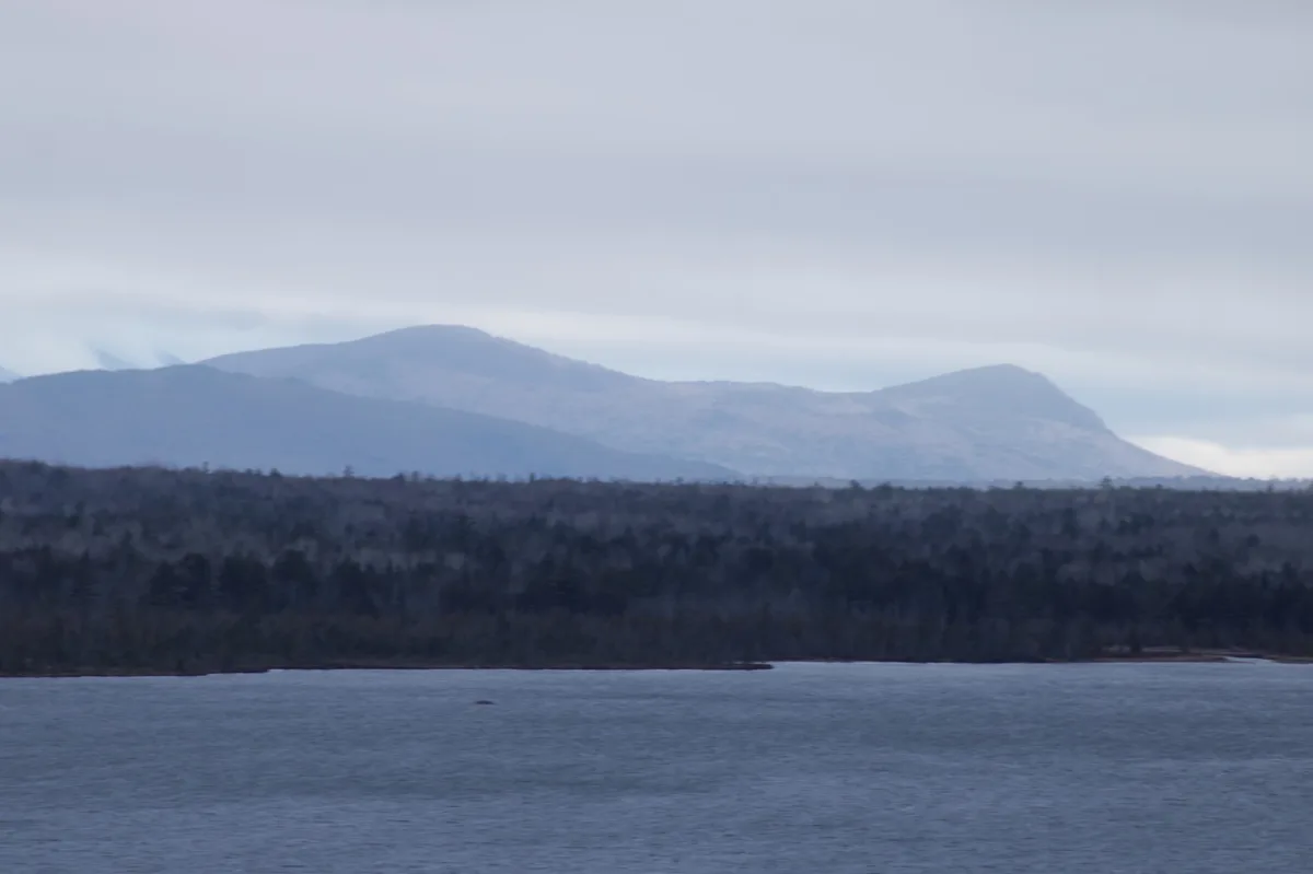 A muted landscape photo shows a calm body of water in the foreground, a dense forested shoreline in the middle ground, and…