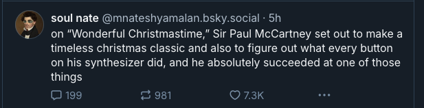 A screenshot of a social media post by 'soul nate' showing a tweet that reads: 'Sir Paul McCartney set out to make a…