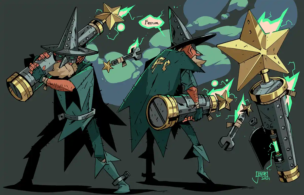Two cartoonish, bearded, wizard-like figures in green robes and pointed hats wield oversized, star-topped mechanical…