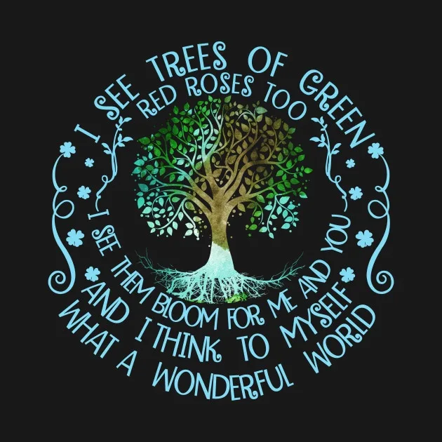 A black background features a stylized tree with green leaves and roots, surrounded by swirling light blue vines and small…