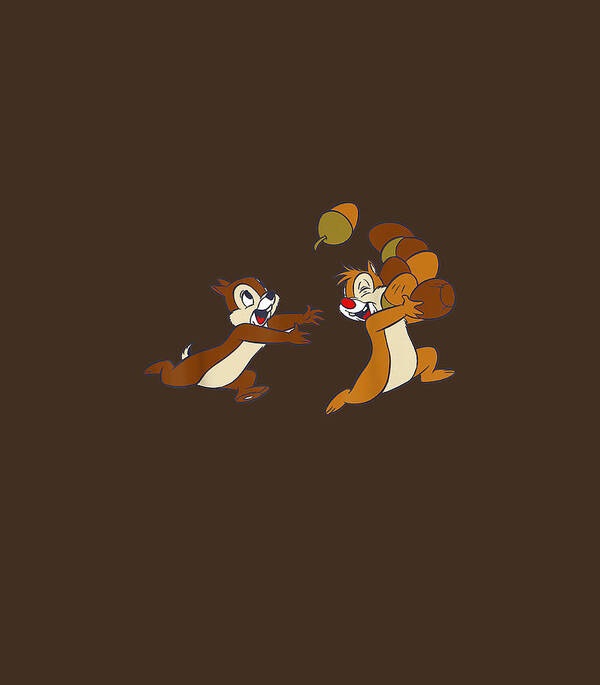 Two cartoon chipmunks, Chip and Dale, are shown mid-air against a solid brown background. The chipmunk on the left, Chip…