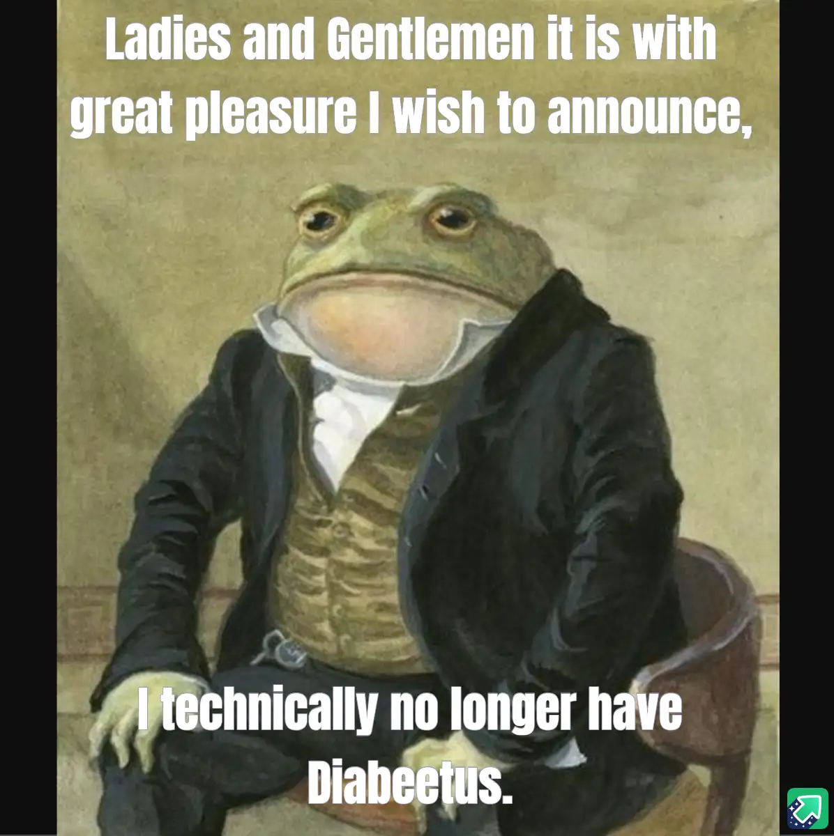 A green frog dressed in a formal black suit, white shirt, and striped vest sits in a wooden chair against a beige…