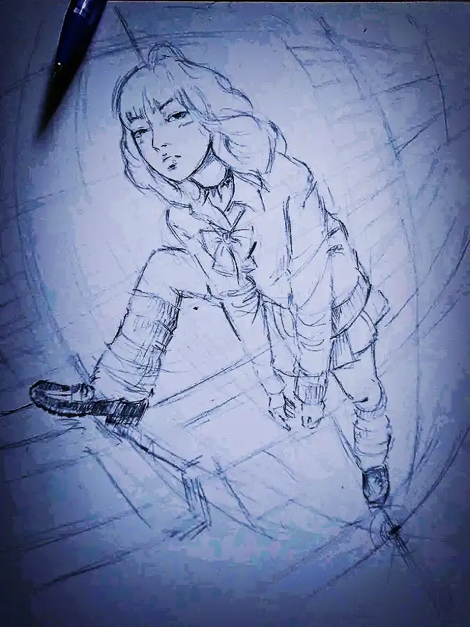 A blue-toned pencil sketch of a female anime-style character in a school uniform, sitting on a tiled floor with a pen…