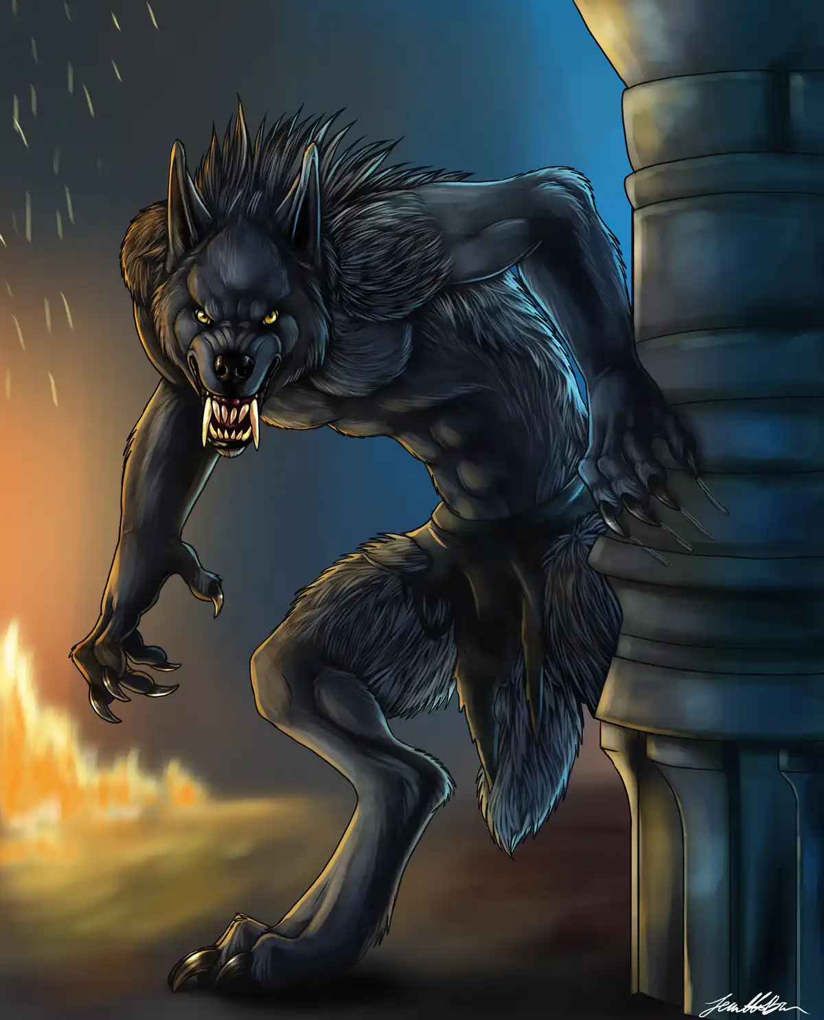 A menacing, muscular black werewolf with glowing yellow eyes, sharp fangs, and claws is crouched aggressively beside a stone…