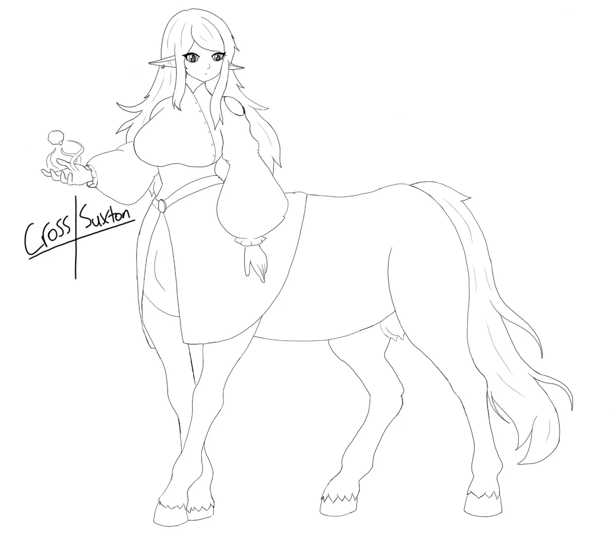 A black-and-white line art drawing of an elf-like humanoid with horse legs and hooves, wearing a dress and holding a small…
