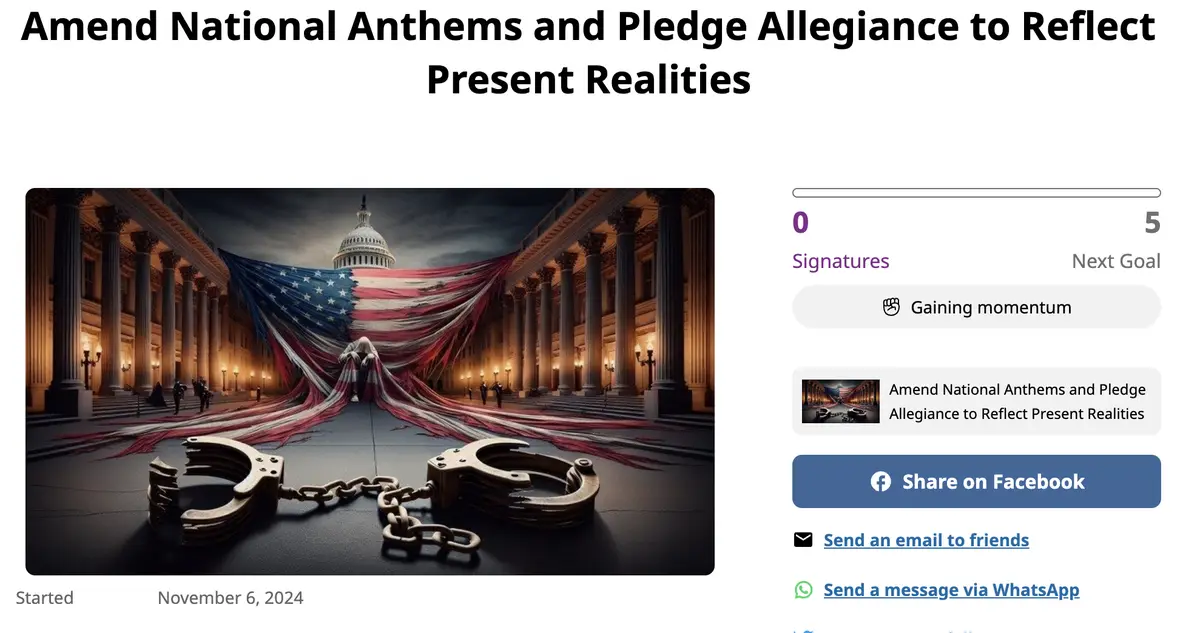 An image mimicking a petition page shows a large American flag draped like a shroud over the U.S. Capitol, with a hooded…