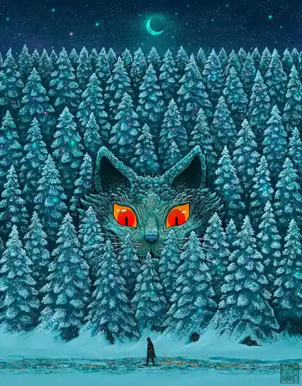 A lone person stands in a snowy field before a dense forest under a starry night sky with a crescent moon. The forest forms…