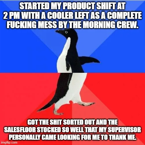 An image of an adélie penguin walking against a blue and red background. The top text says 'STARTED MY PRODUCT SHIFT AT 2 PM…