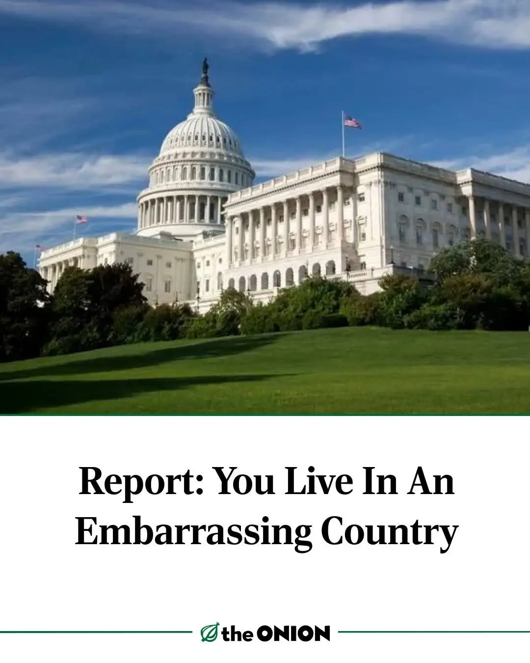 The image shows the U.S. Capitol building under a blue sky with green grass in the foreground. Overlaid text reads 'Report…