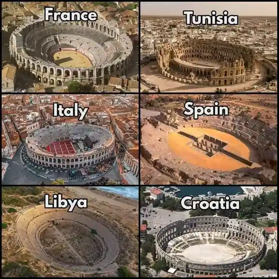 A six-panel grid shows aerial views of ancient Roman amphitheaters in France, Tunisia, Italy, Spain, Libya, and Croatia…