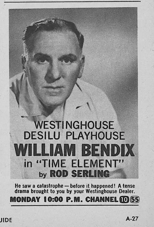 A vintage black-and-white TV guide advertisement featuring actor William Bendix in a serious portrait. The text announces…