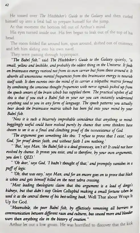 The image displays a page from the book 'The Hitchhiker's Guide to the Galaxy,' specifically page 42, featuring a passage…