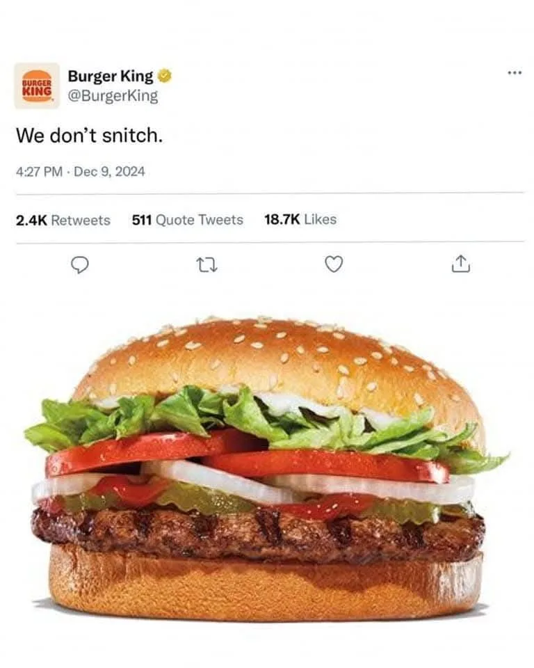 A screenshot of a Burger King Twitter post from December 9, 2024, showing a large, appetizing burger with sesame seed bun…