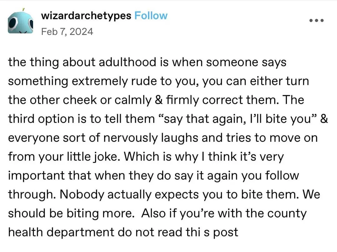 A screenshot of a social media post with black text on a white background. The post, from user 'wizardarchetypes', discusses…