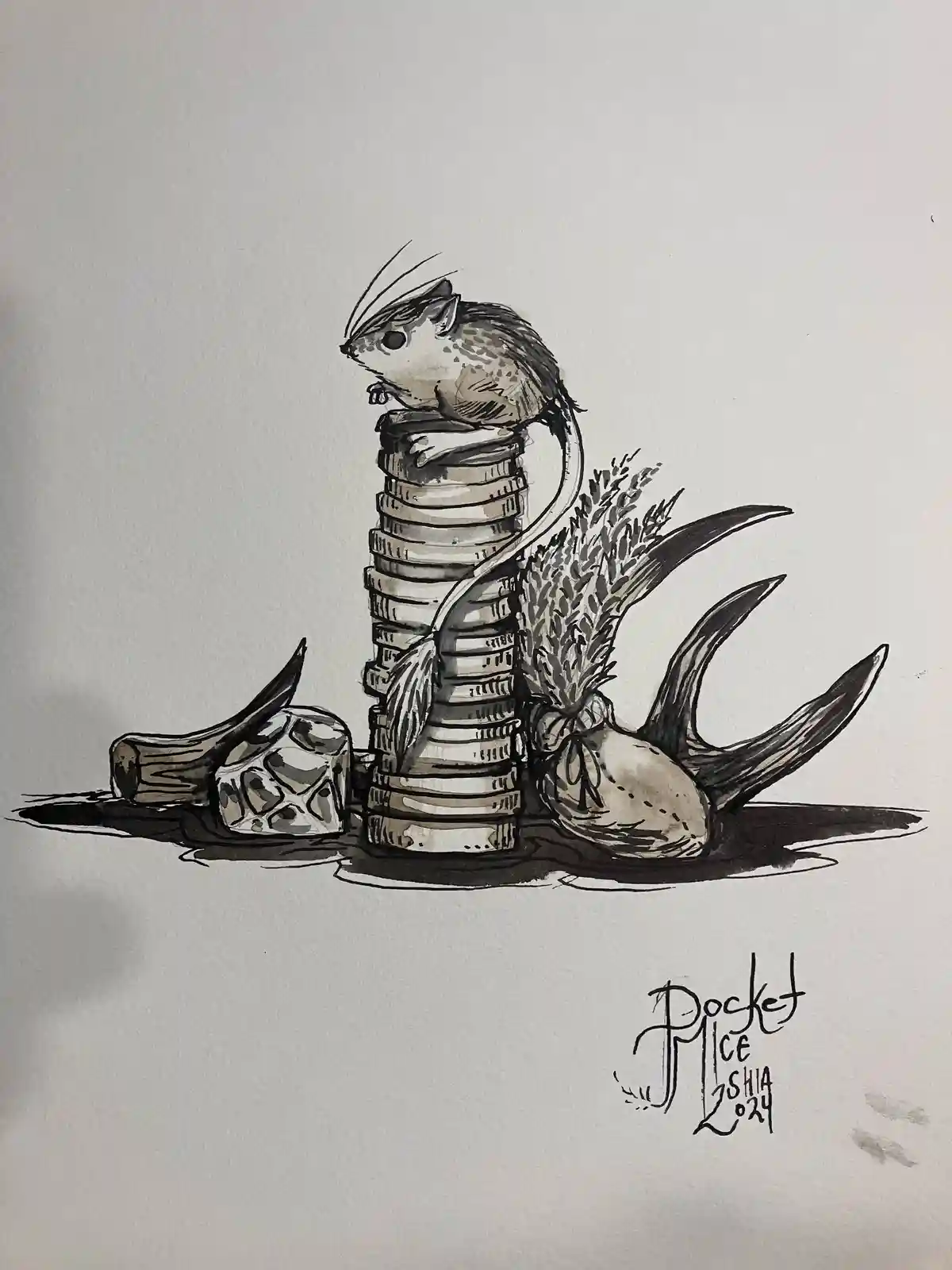 A black-and-white ink drawing shows a small rodent perched atop a tall stack of coins, with a sack of grain and a bone…