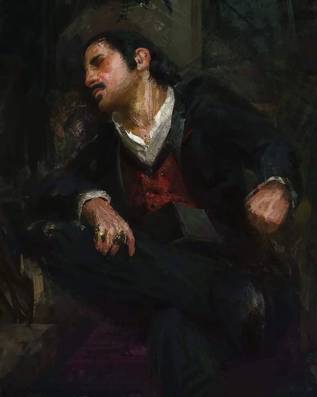 A dark, painterly portrait of a man in historical clothing, slumped in a chair with eyes closed and head tilted back…