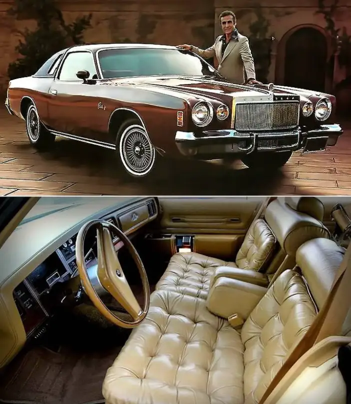 The image is split into two parts: the top shows a man in a suit standing proudly beside a large, shiny brown 1970s Cadillac…