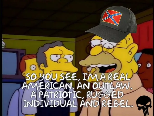 A still from The Simpsons shows a character wearing a black baseball cap with a Confederate flag patch, speaking with a smug…