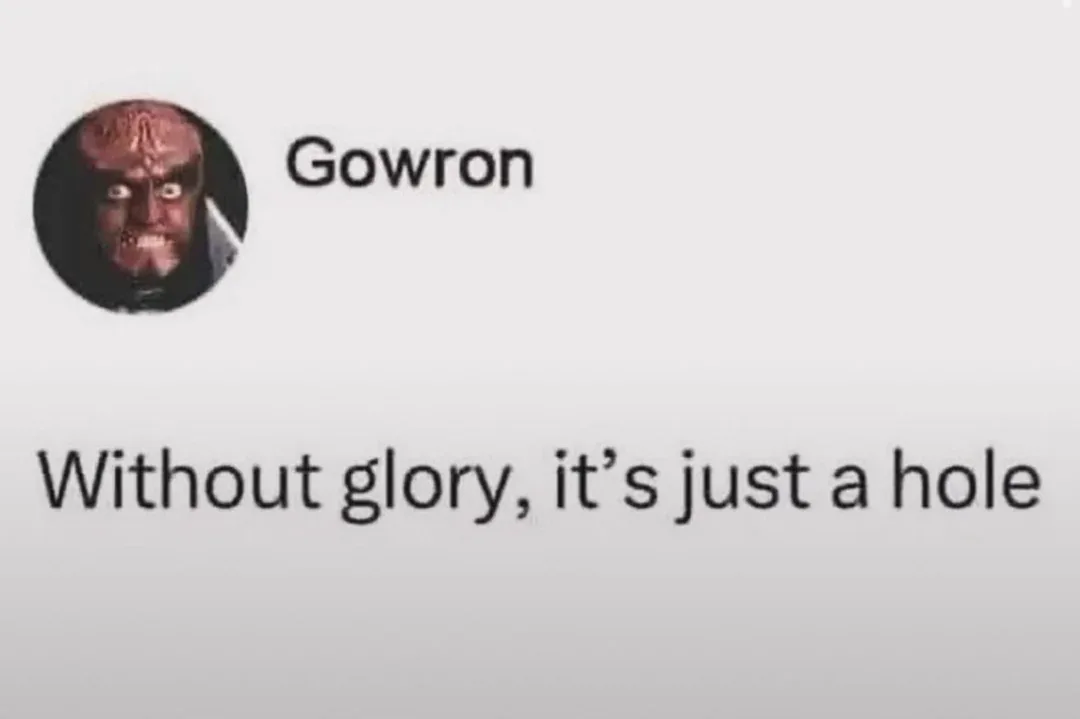 An image mimicking a social media post shows a circular profile picture of the Klingon character Gowron with his name next…