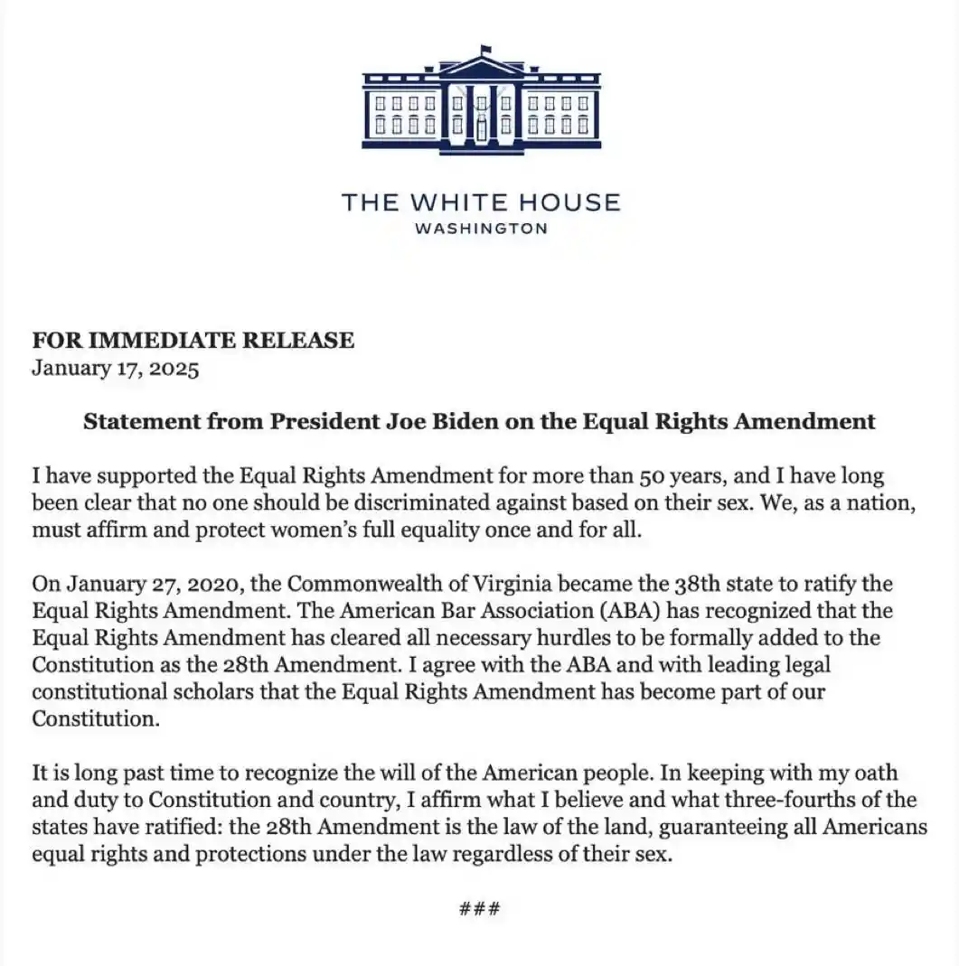 A fake White House press release dated January 17, 2025, claims President Joe Biden declares the Equal Rights Amendment…