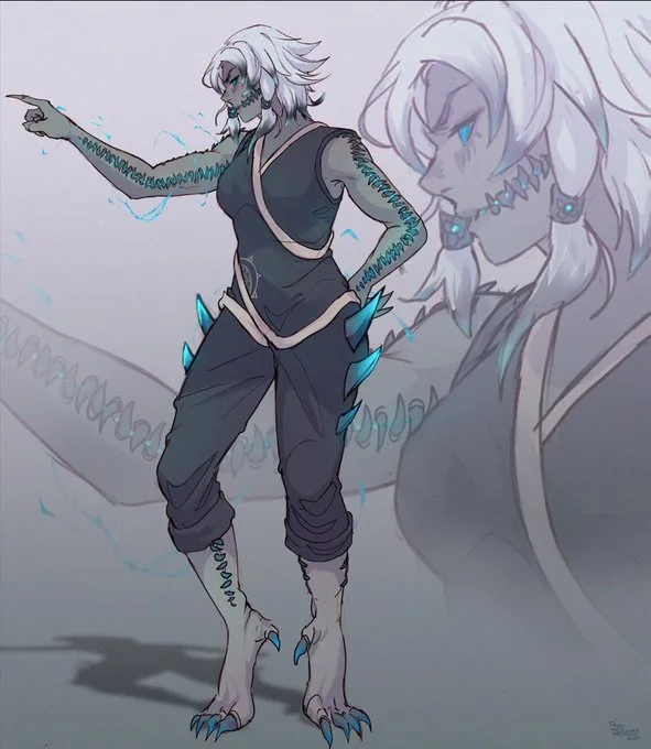 An anime-style illustration shows a character with white hair, blue eyes, and clawed feet, pointing accusingly while blue…
