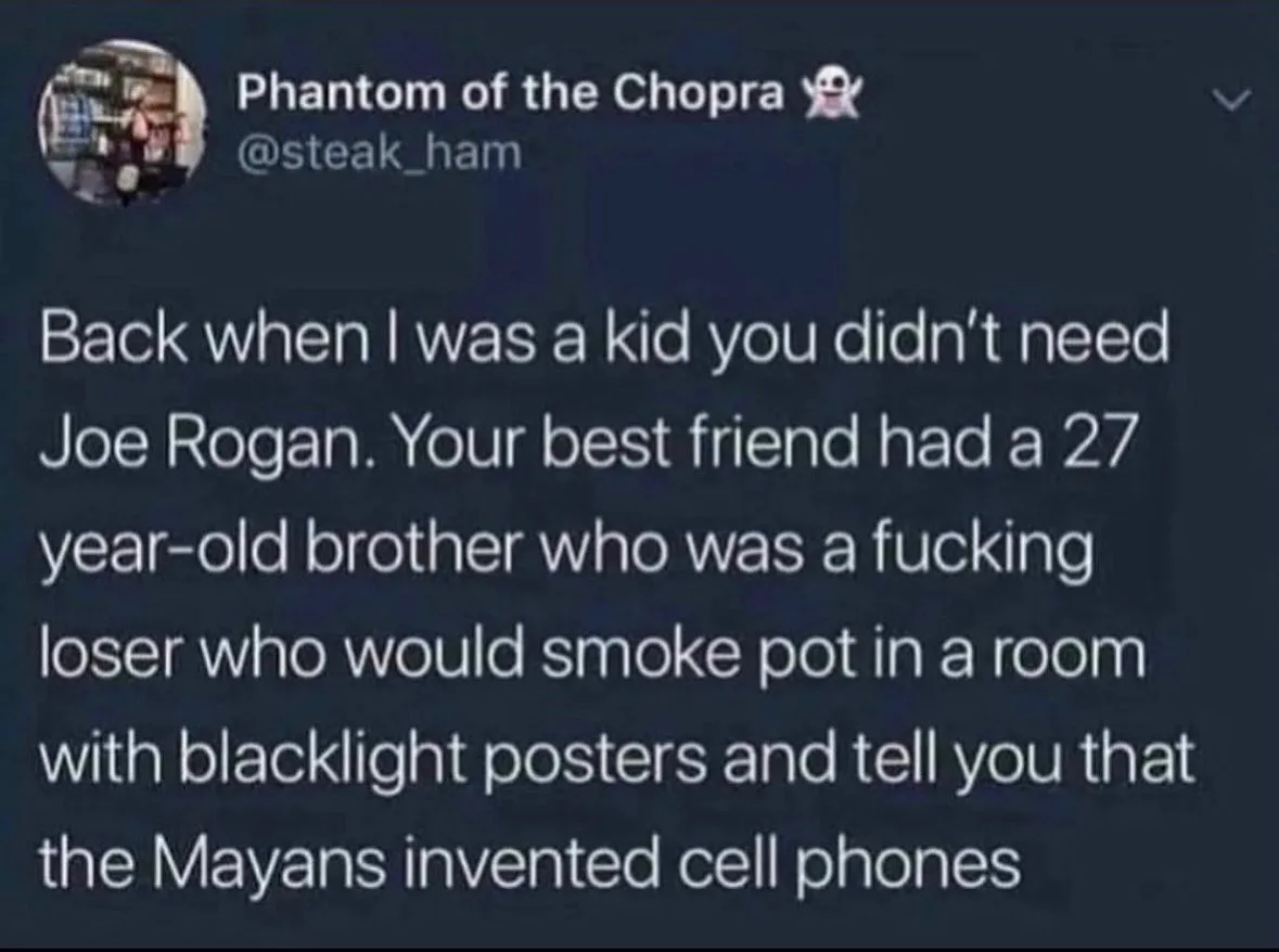 A screenshot of a tweet from 'Phantom of the Chopra' (@steak_ham) with white text on a dark background. The tweet humorously…