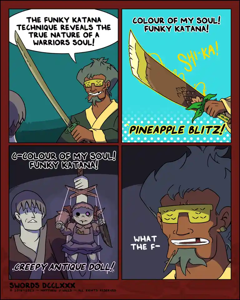 A four-panel comic shows a warrior using a 'funky katana' technique to reveal a person's soul color. The first panel shows…