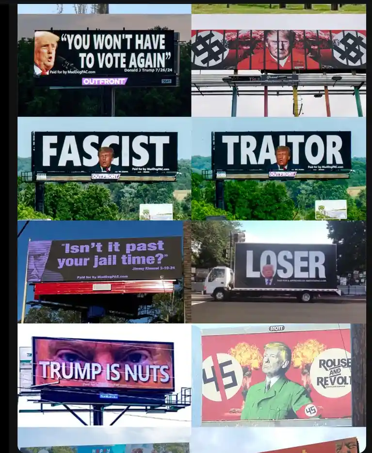 A collage of seven political billboards featuring Donald Trump, each with a different overlaid text: 'YOU WON'T HAVE TO VOTE…