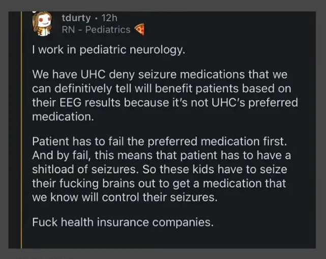 A screenshot of a Reddit post by user 'tdurdy', an RN in pediatric neurology, detailing how UHC insurance denies effective…