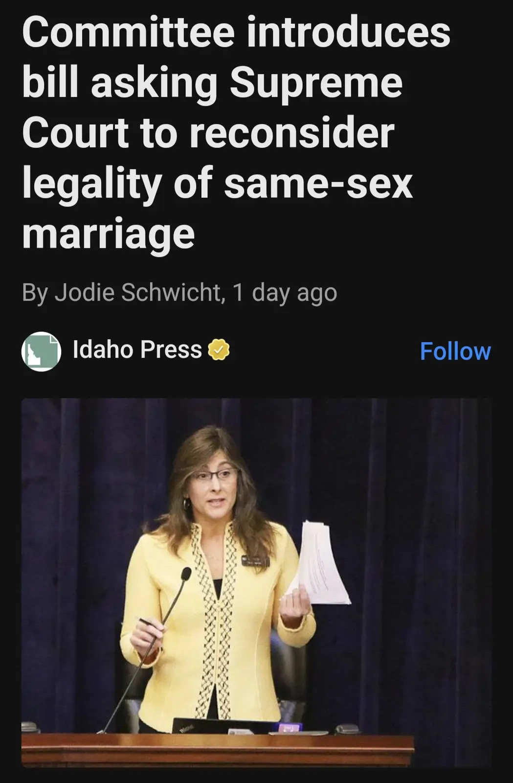A screenshot of a news article from the Idaho Press shows a woman in a yellow jacket speaking at a podium. The headline…