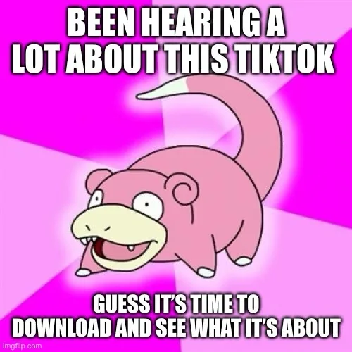 A pink cartoon Pokémon, Slowpoke, is shown with a wide, goofy grin against a bright pink, radiating background. The text…