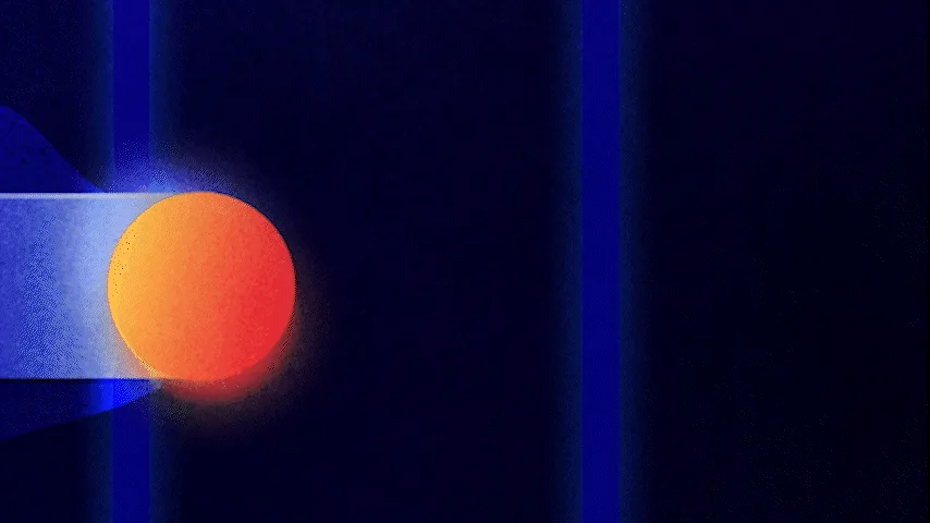 The image shows a stylized animation of an orange sphere moving through a blue tunnel, transitioning from a large sphere to…