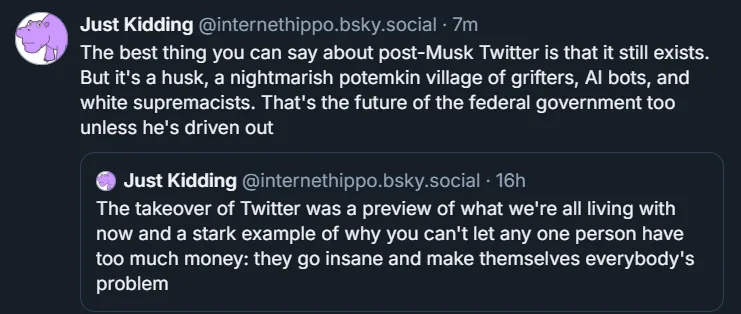 A screenshot of two consecutive tweets from the account 'Just Kidding @internethippo.bsky.social'. The first tweet, posted 7…
