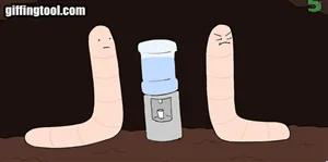 A cartoon depicts two worms arguing over a water cooler. One worm says 'EAT SHIT' while the other, Frank, responds 'I…