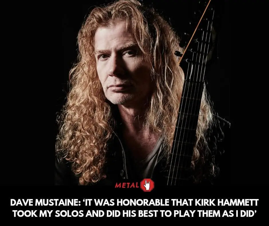 A portrait of Dave Mustaine, a man with long curly blonde hair, holding a black electric guitar against a dark background…