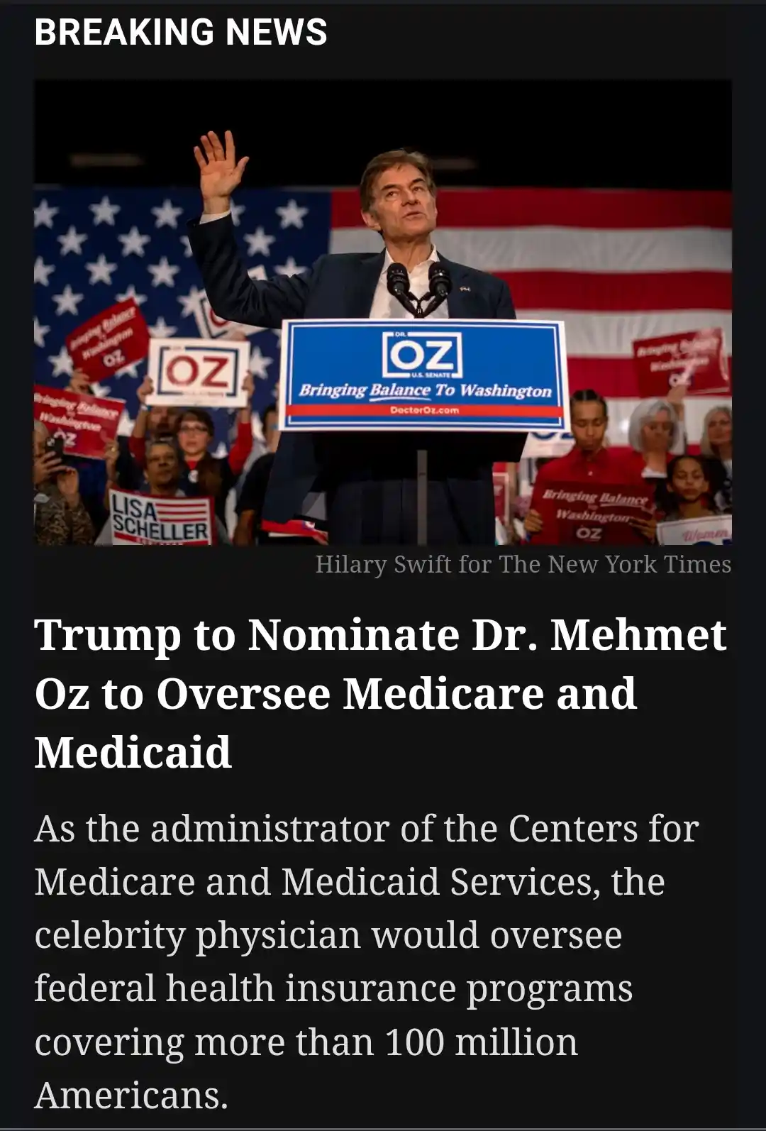 A man in a suit stands at a podium with a blue sign reading 'DR. OZ U.S. SENATE Bringing Balance To Washington…