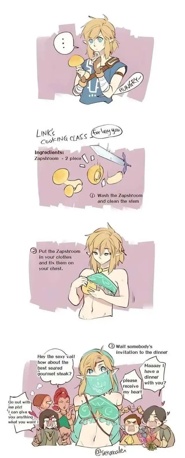 A four-panel comic depicts Link from The Legend of Zelda, initially hungry, then following a 'cooking class' recipe that…