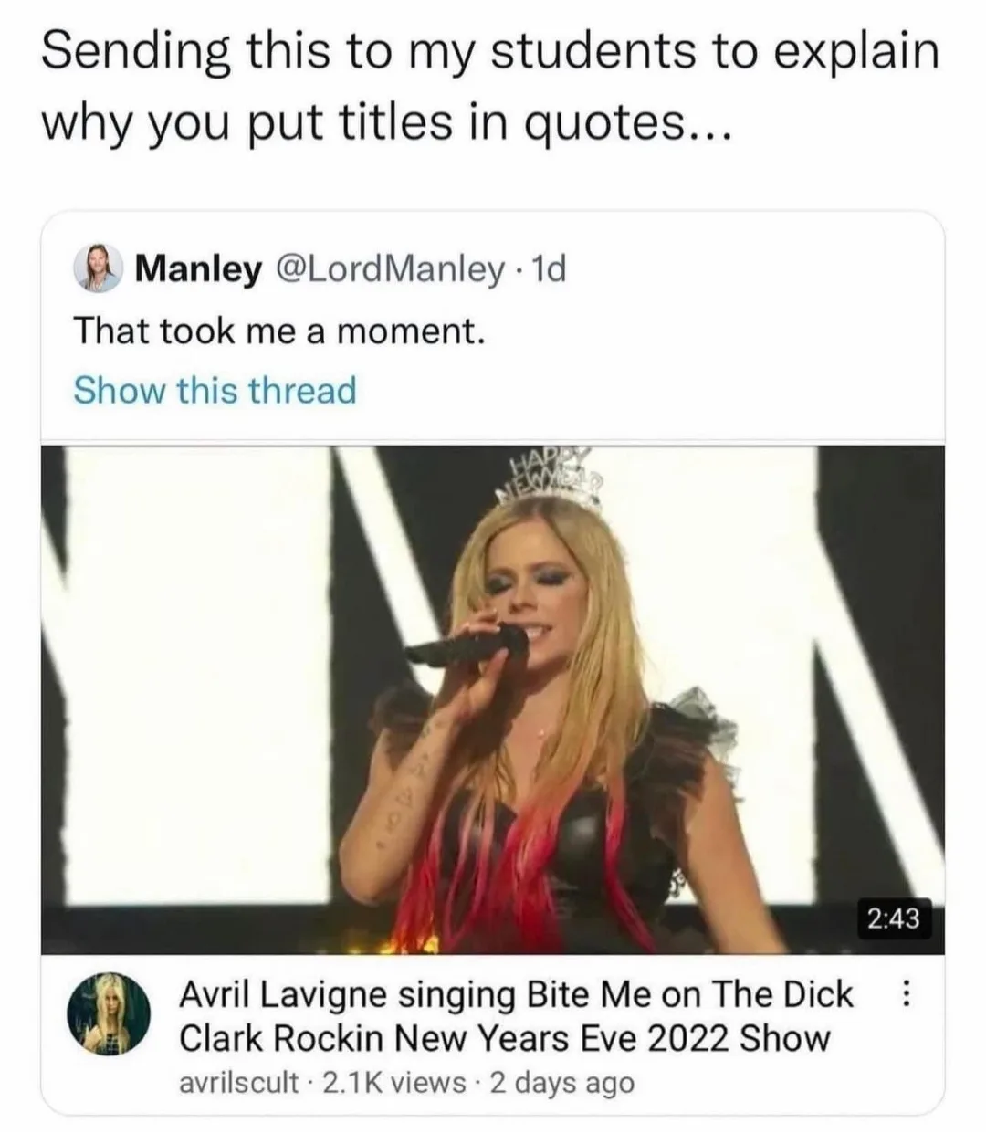 A screenshot of a Twitter post by 'Manley' showing a YouTube video thumbnail of Avril Lavigne singing. The video title reads…