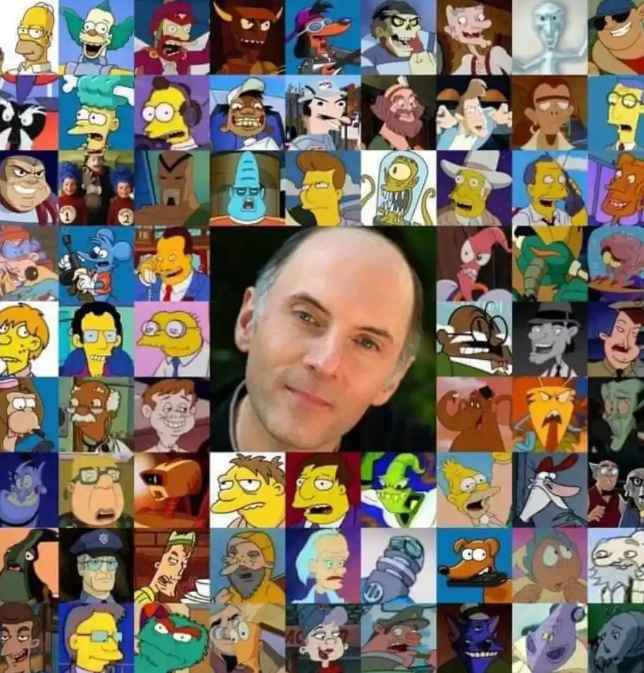 A grid of various animated characters, mostly from The Simpsons, surrounds a central photo of a balding man with a slight…
