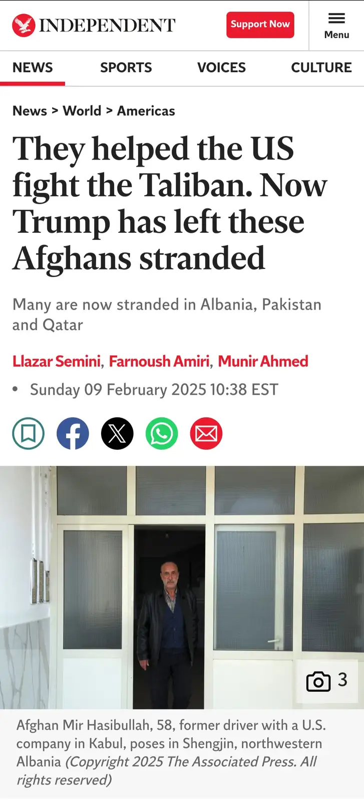 A screenshot of a news article from The Independent with the headline 'They helped the US fight the Taliban. Now Trump has…