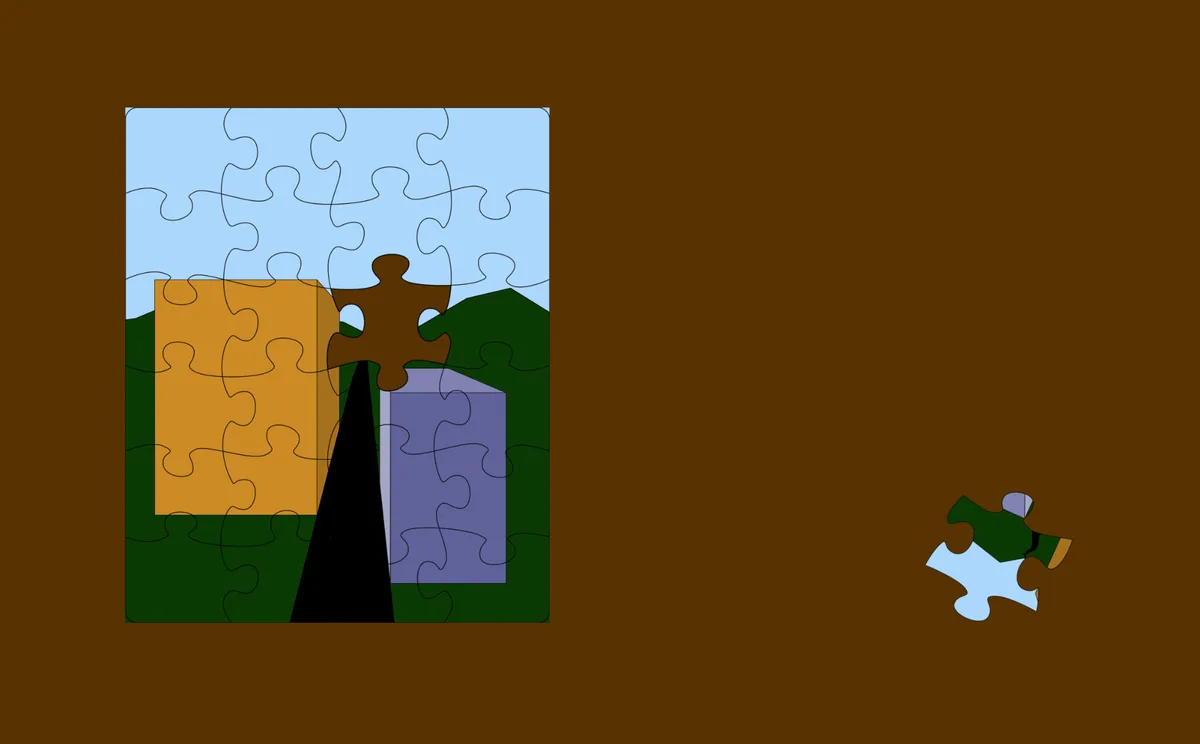The image displays a sequence of six panels showing a partially completed jigsaw puzzle depicting a scene with two…
