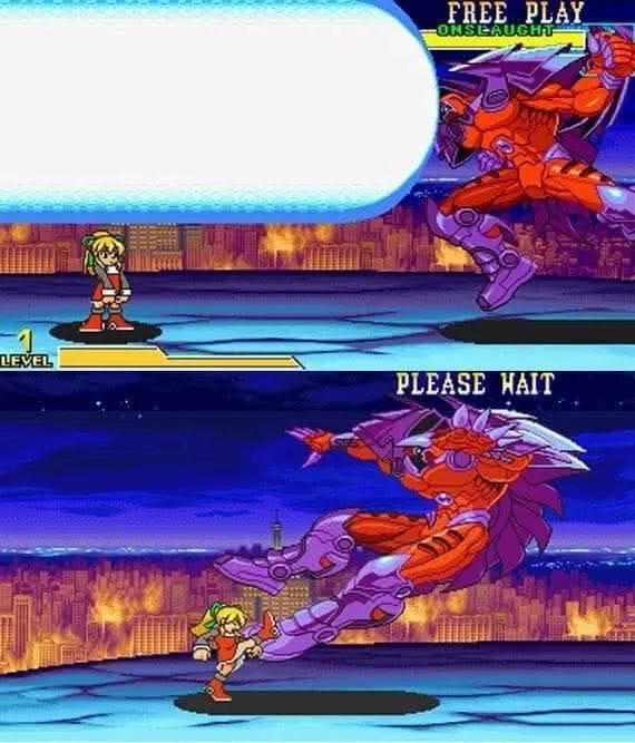 A split-screen image from the 1990s video game 'Onslaught' shows a small blonde character facing a giant red and purple…
