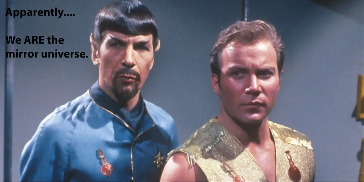 The image shows two men from Star Trek: one in a blue uniform with pointed ears and a goatee, the other in a gold…