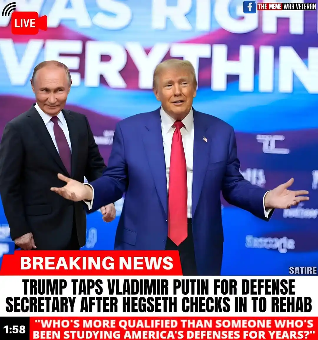 The image shows Donald Trump and Vladimir Putin standing side by side, both with arms outstretched in a gesture of…