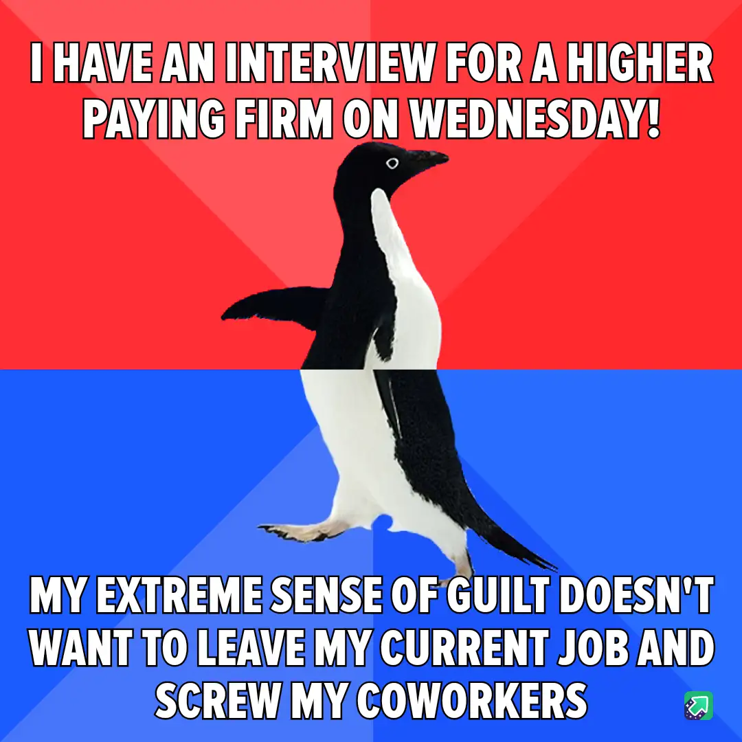 A penguin stands centered against a red and blue background, with white bold text at the top stating 'I HAVE AN INTERVIEW…