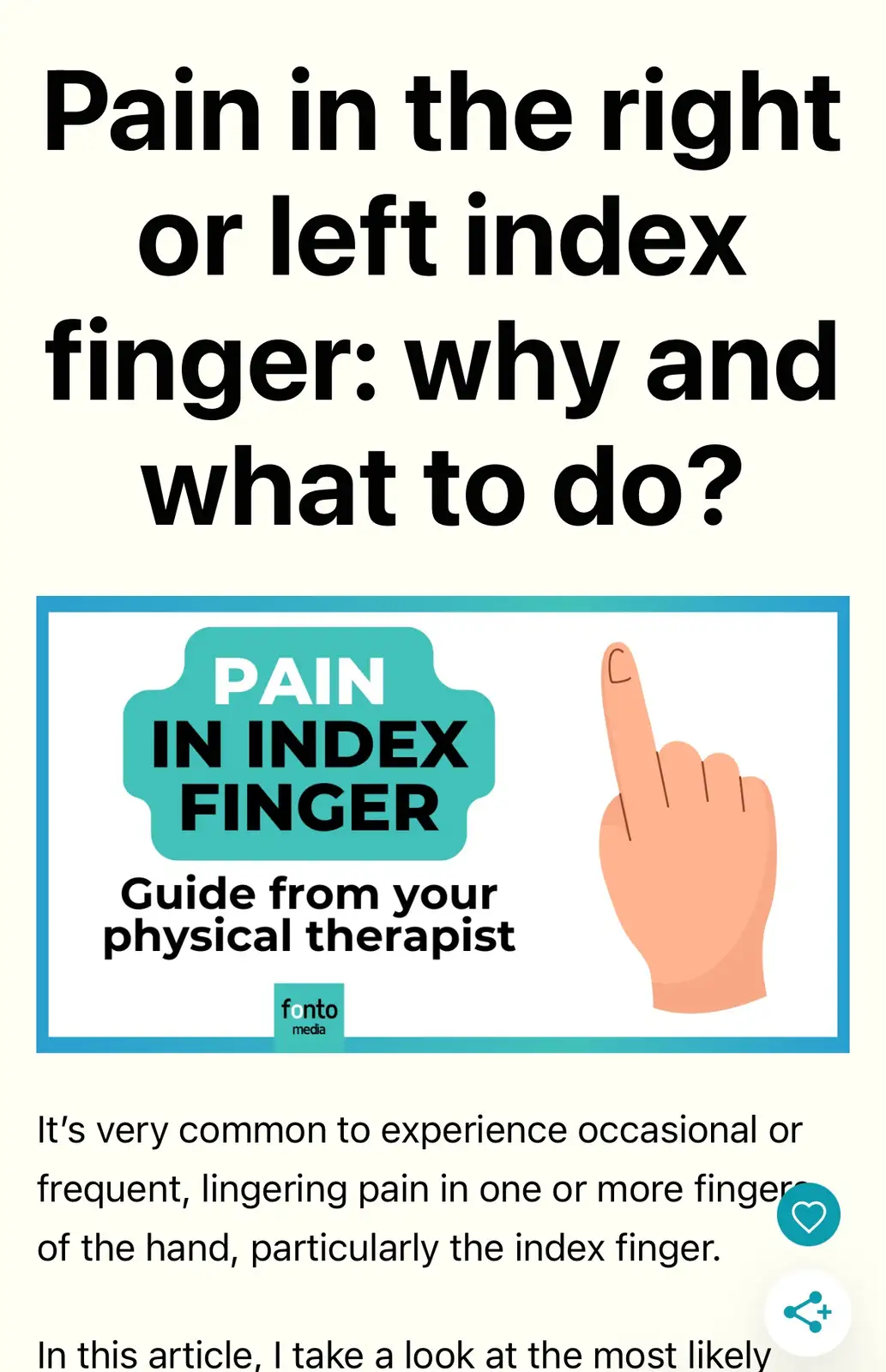 An infographic titled 'Pain in Index Finger: Guide from your physical therapist' shows a cartoon hand pointing with its…